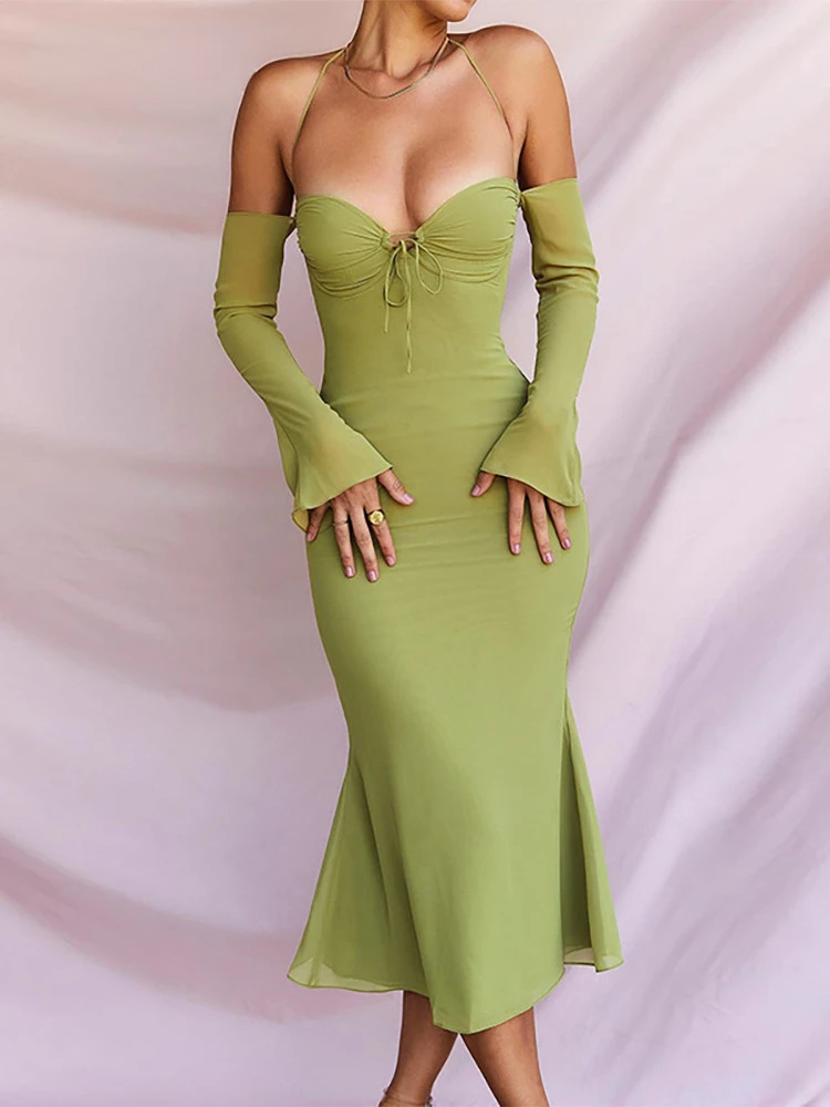

Women's Dress Elegant Green Mid Length Sexy Dress Women Halter 2022 Summer Long Sleeve Open Back Party Solid Color Dress