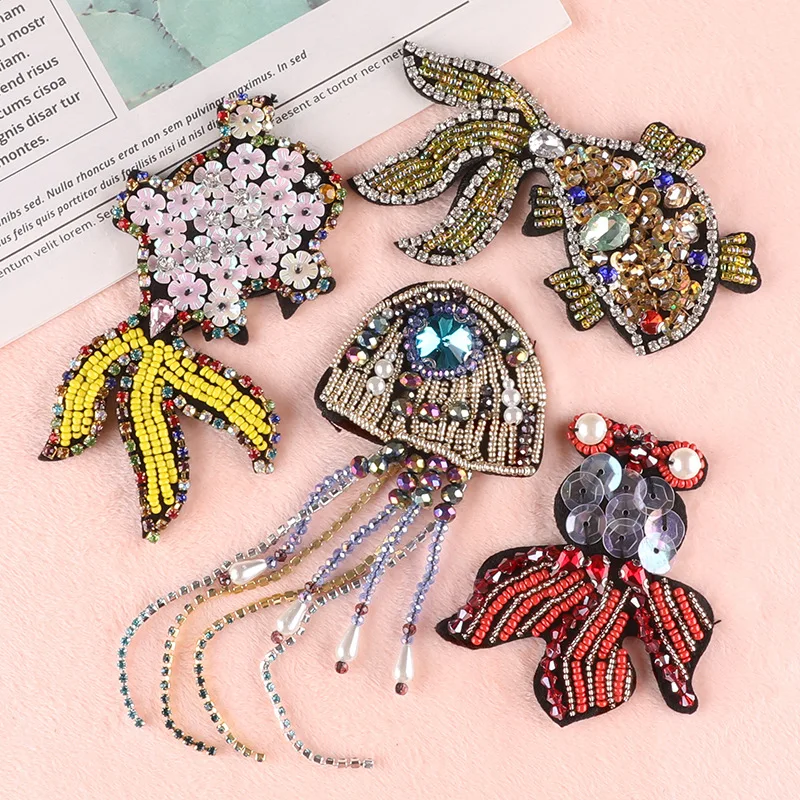 

Handmade Bead Patches on Clothes Goldfish Jellyfish Badges Clothing Accessories Bag Decoration Sew-on Applique Sequin Patch