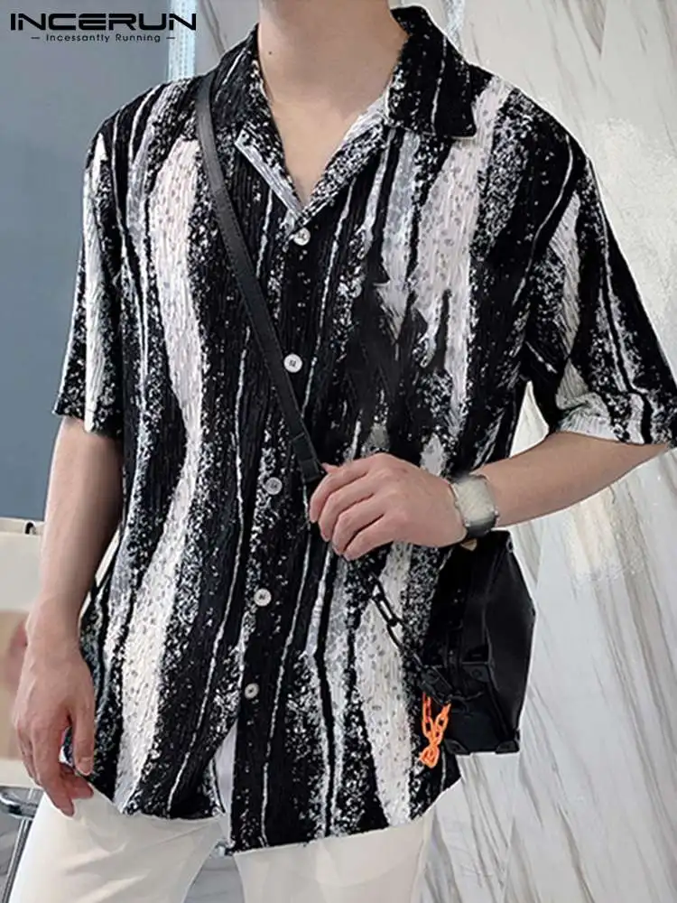 

Men Printing Shirt Lapel Short Sleeve 2022 Folds Button Summer Camisa Masculina Streetwear Casual Men Clothing S-5XL INCERUN