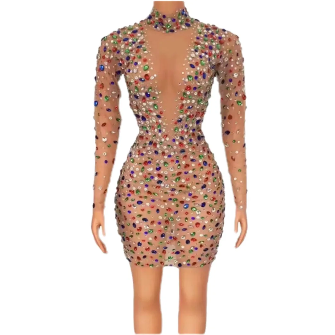 

Nude Shining Colorful Rhinestones Sexy Long Sleeves Sheath Dress For Women Nightclub Party Clothing Singer Stage Costumes