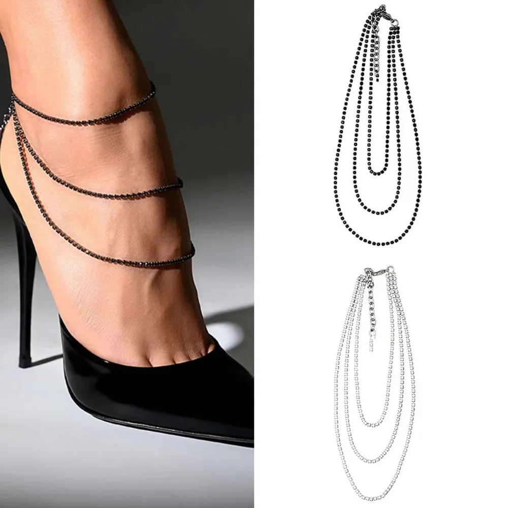 

Rhinestone 3 Layers Anklet Bracelet Chain High Heel Decor for Women Luxury Crystal Leg Anklet Chain Foot Jewelry Barefoot Sandal