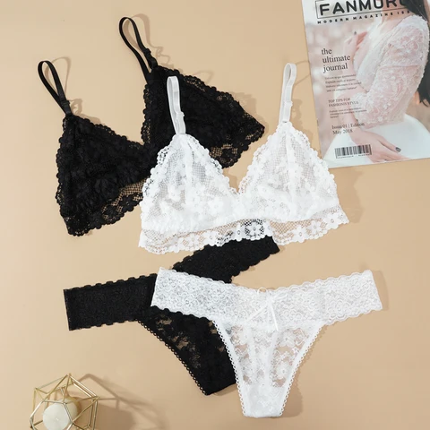 Women Lace Bra Briefs Set Sexy Wire Free Lingerie Hollow Out G-String Underwear Set Female Transparent Seamless Intimate Bra Set