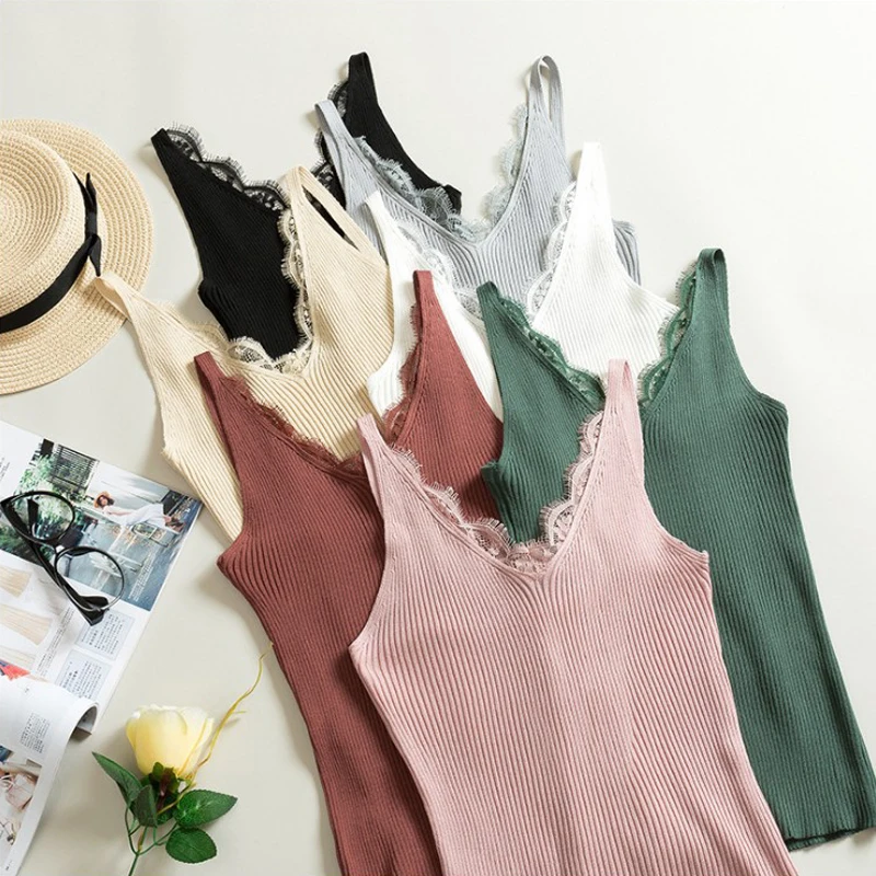 

Women Hook Flower Lace Tank solid Stitching V-neck Camis Female Knitted Short Slim Sleeveless Shirt Tank Casual Tops Ropa Mujer