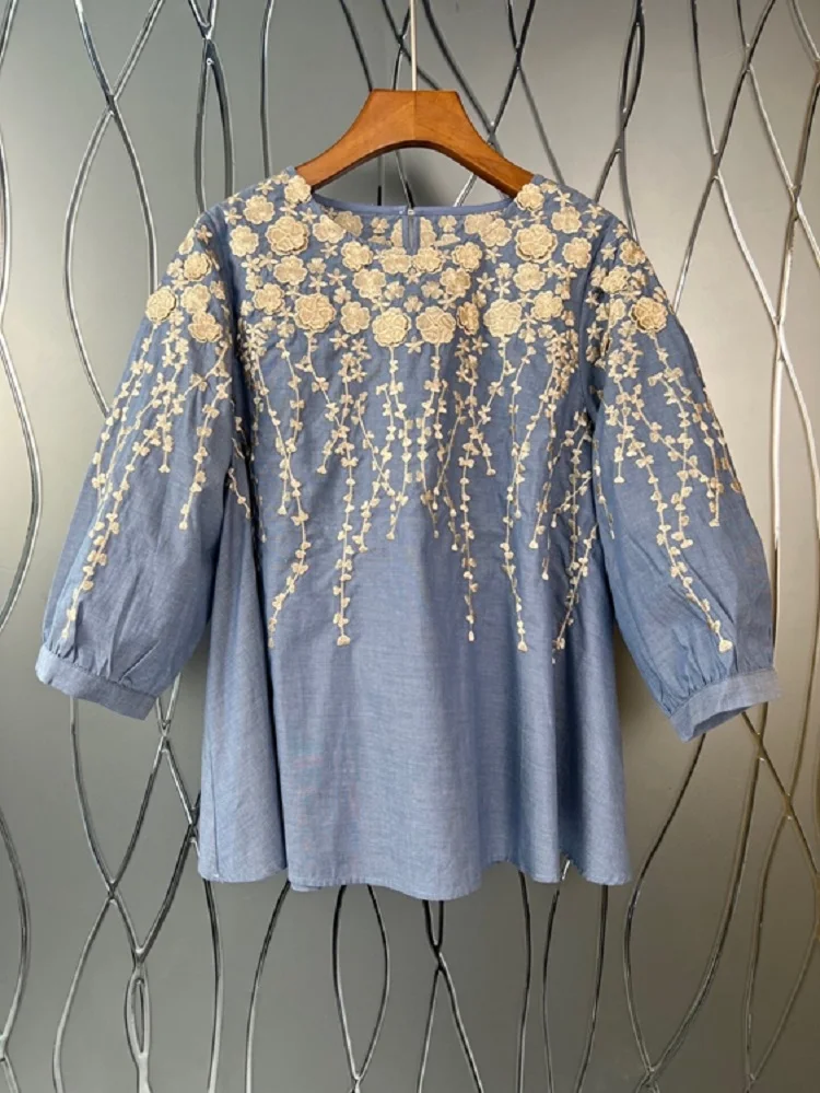High Quality Cotton Blouse 2022 Spring Summer Tops Women Exquisite Embroidery 3/4 Sleeve Casual Blue Tops Female Loose Tops