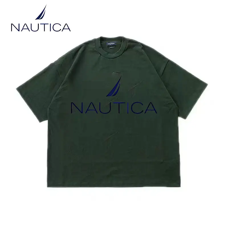 Фото Женская хлопковая футболка Nautica с коротким рукавом, однотонная, свободного кроя, повседневная, парная модель, с круглым вырезом, с коротким рукавом №5