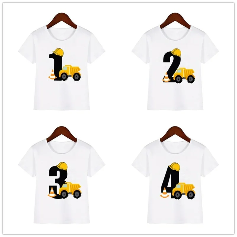 

Baby Kids Cartoon Excavator Birthday Number Name Print T Shirt Children Birthday T-shirts Boy&Girl Funny Gift Tshirt Present