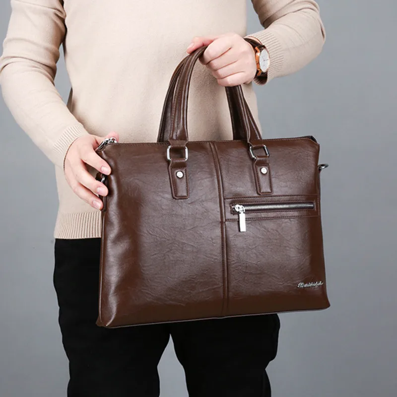 Luxury PU Leather Men Zipper Briefcase Vintage Handbag Business Shoulder Messenger Bag Large Capacity Male Laptop Bag
