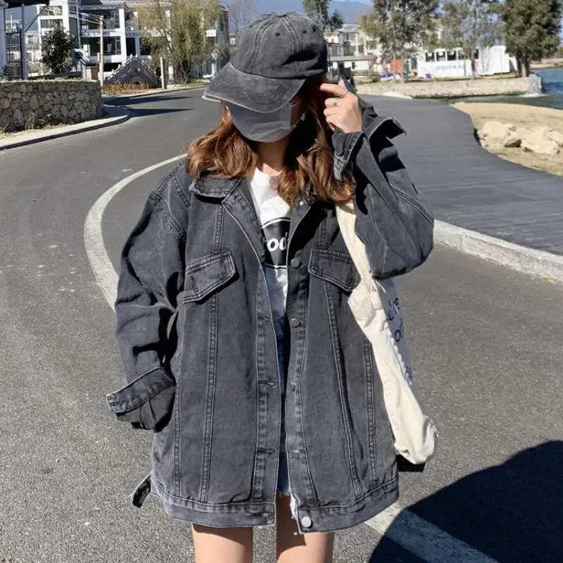 

Свободные куртки для женщин, винтажная простая осенне-зимняя шикарная джинсовая куртка в Корейском стиле преппи для девушек, короткое пальто с лацканами, женская верхняя одежда