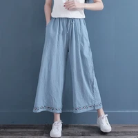 embroidered loose wide leg literary retro cotton linen 2022 summer new elastic waist tie casual nine point pants women
