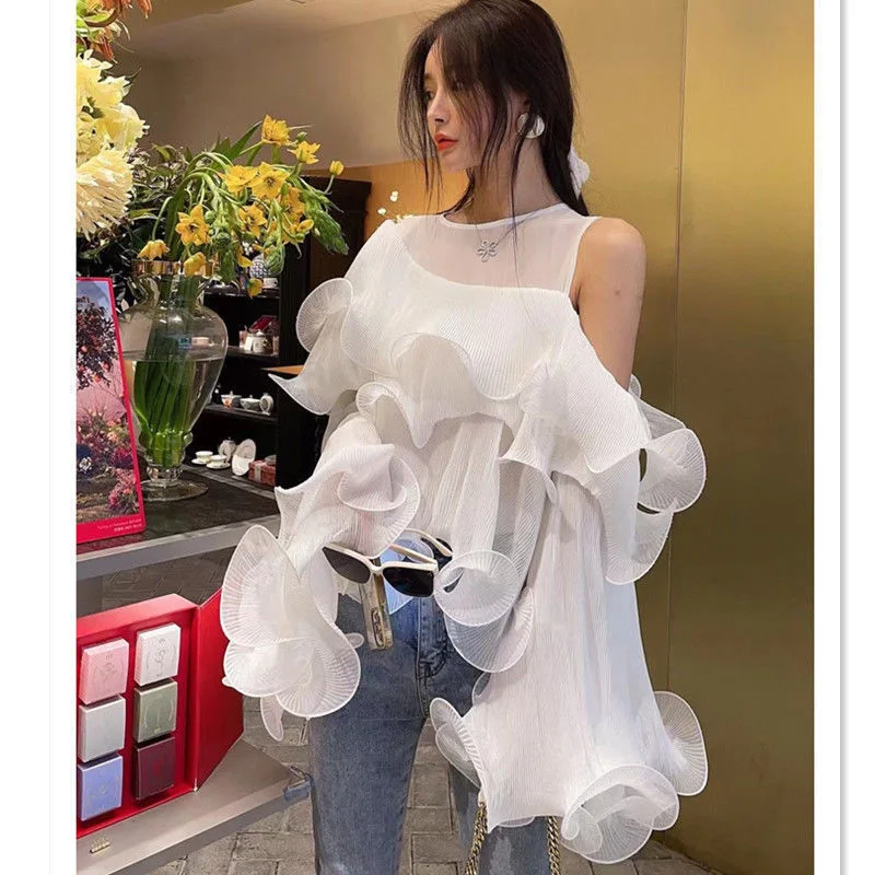 

Off Shoulder Mesh Edible Tree Design Shirts Women Chiffon Pleated Ruffles Cake Blouse Sweet Elegant Flare Sleeve Tops
