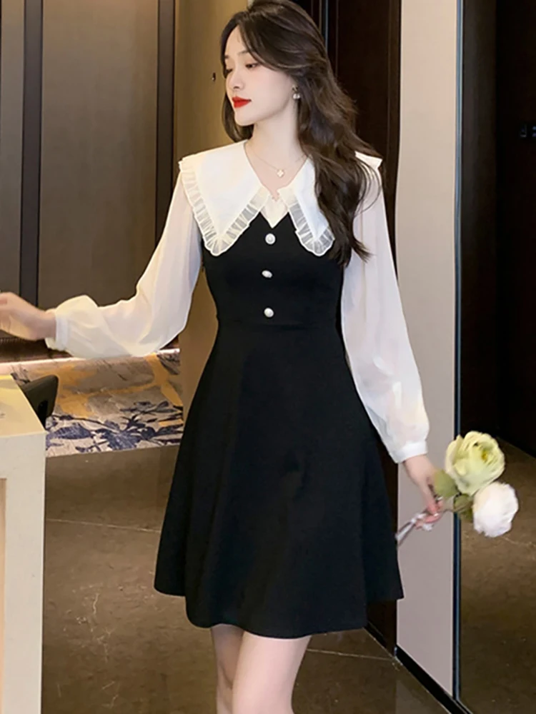 

Autumn Black Patchwork Long Sleeve Mini Dress Women Fashion Chic Ruffled Doll Collar Dress 2023 Korean Vintage Hepburn Vestidos