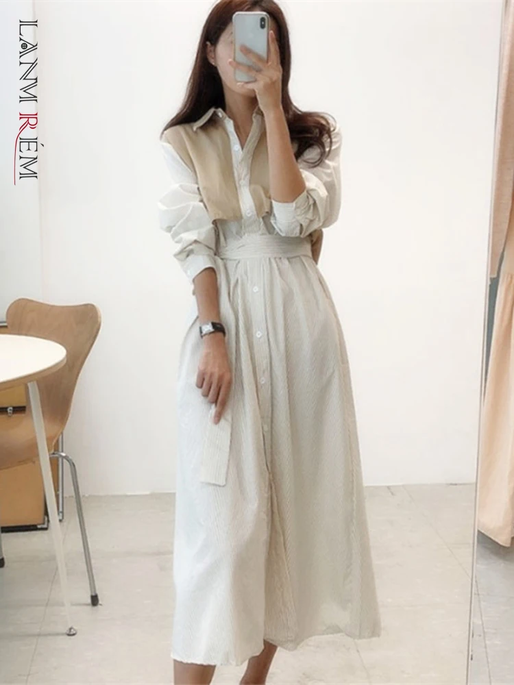 

LANMREM однобортное платье с длинным рукавом 2022 осенние Лоскутные Полосатые платья с повязкой женская одежда 2D1747