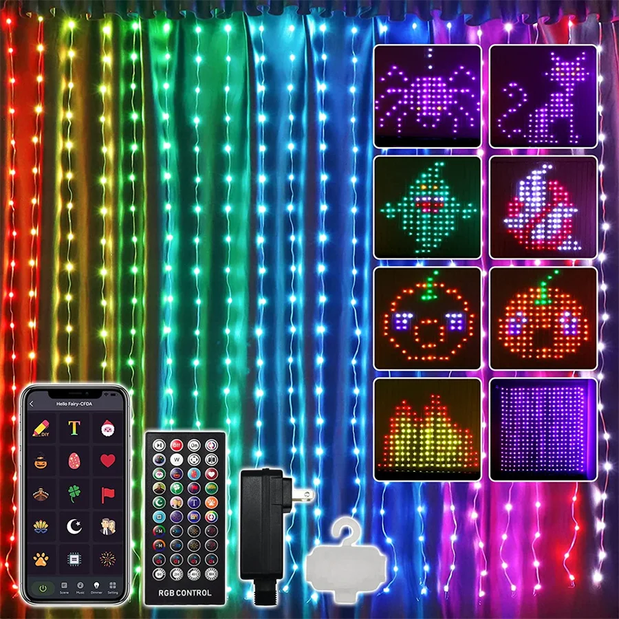 3X3M DIY Smart LED RGB Curtain String Light Bluetooth APP Christmas Fairy Curtain Light DIY Picture Display Garland Light
