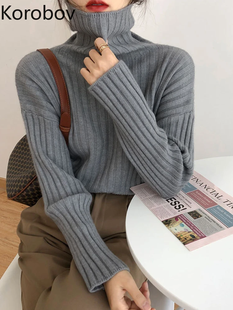 

Korobov Solid Color Autumn Winter Pullover Sweater Simple Turtleneck Knitting Inside Tops Loose Vertical Stripes Korean Fashion