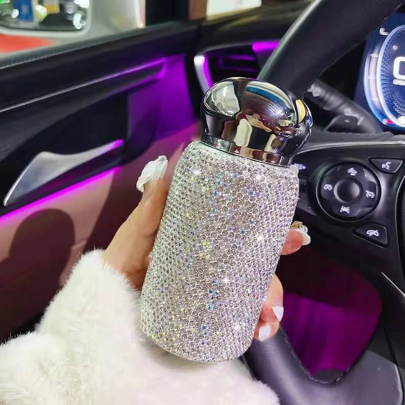 Women Portable Vacuum Cup Water Bottles for Girls Sparkling Luxurious 260ML Insulated Bottle Rhinestone Stainless Steel Liner