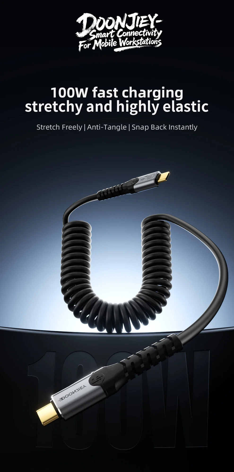 Фото Кабель DOONJIEY Spring Coiled Type C, полнофункциональный USB3.2, 100W PD, совместимость с 4K видео, Thunderbolt 3 4 для MacBook и iPad. №1