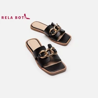 slippers women summer luxury 2022 new square toe metal chain casual flat sandals woman beach shoe fashion crystal slippers women