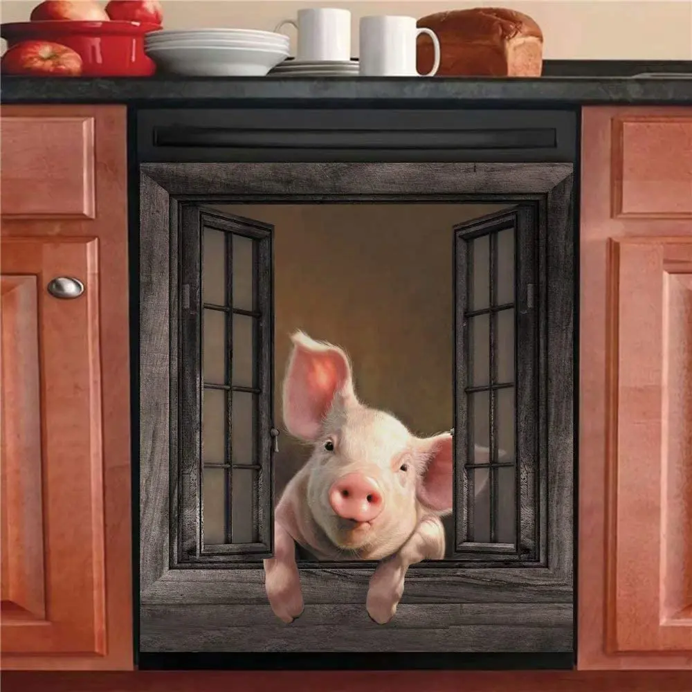 

Magnetic Funny Pig Dishwasher Sticker Kitchen Cabinet Panels,Farm Window Refrigerator Door Cover Sheet,Animal Fridge Manget,Home