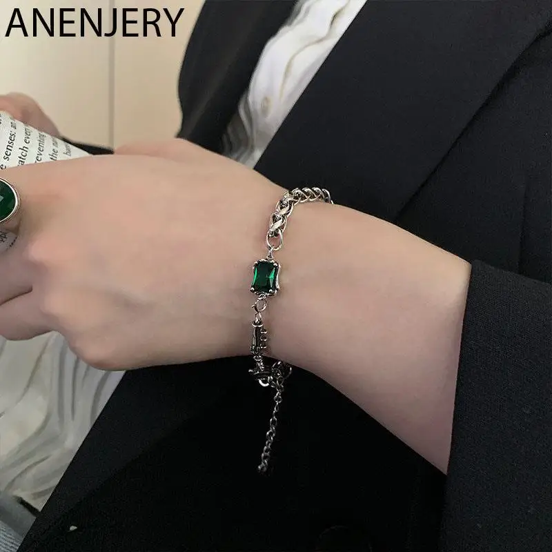 

DAYIN S925 Sterling Silver Square Green Zircon Thick Thain Bracelet For Women Vintage Elegant Popular Jewelry