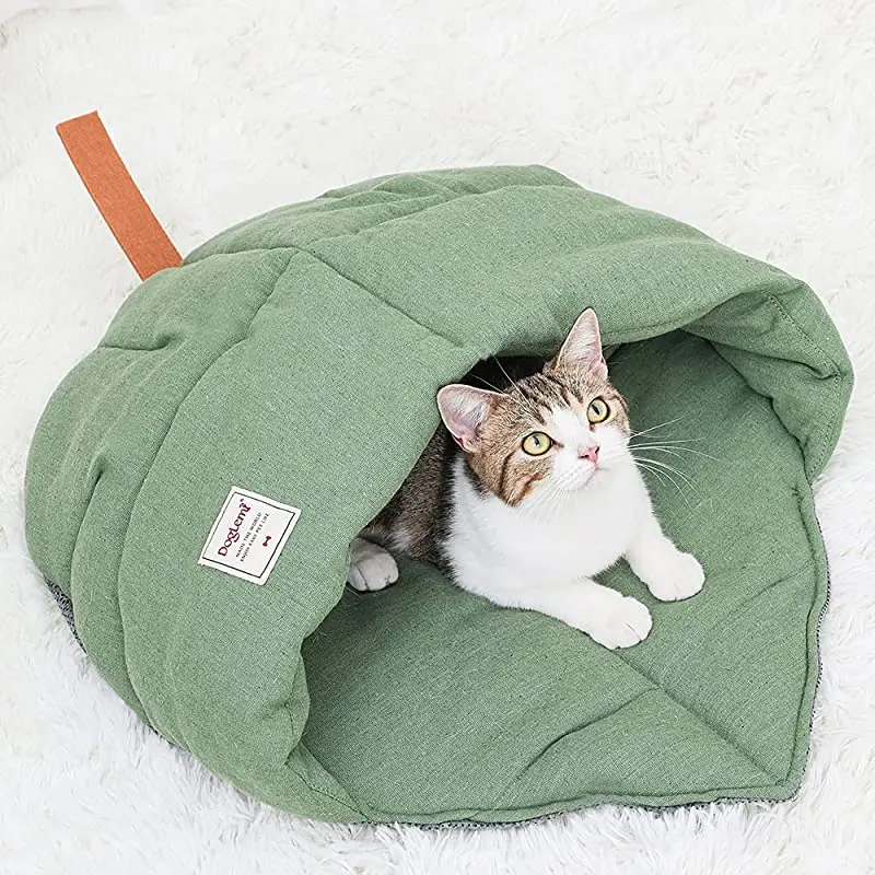 

Cat Bed Sleeping Bag for Puppy and Kitten, Linen Fabric Cat Cave Leaf Nest Indoor Soft Washable with Non-Slip Bottom Pet Bed