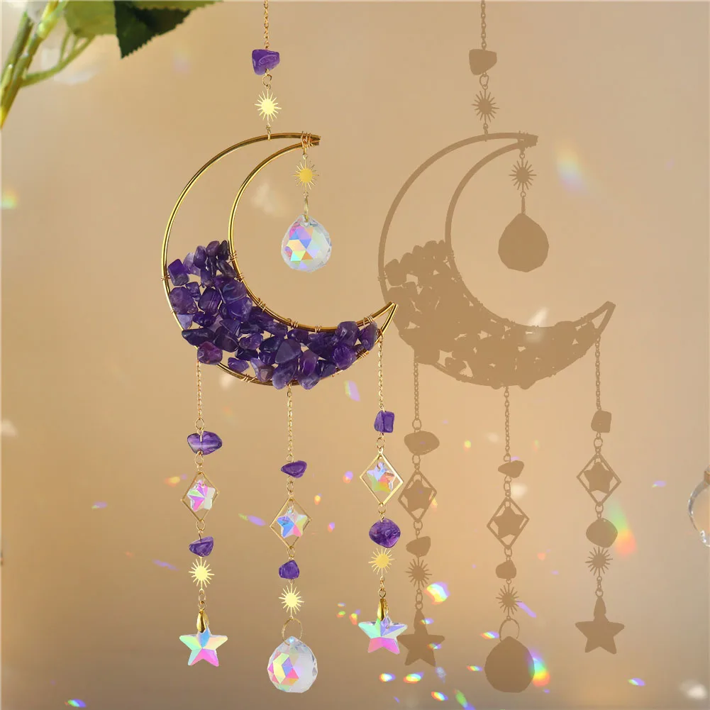 

Crystal Wind Chime Moon Natural Stone Prisms Pendants Dream Catcher Rainbow Chaser Hanging Drop Home Garden Decorations