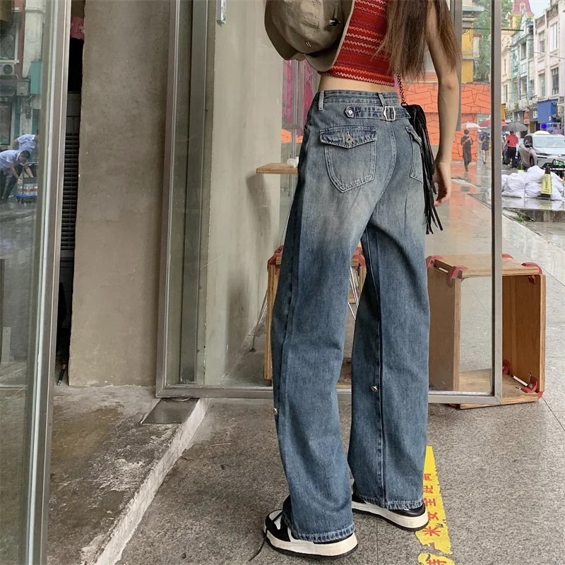 

Синие женские прямые джинсы-карго с высокой талией, уличная одежда в американском стиле, винтажные брюки, повседневные женские джинсовые бр...