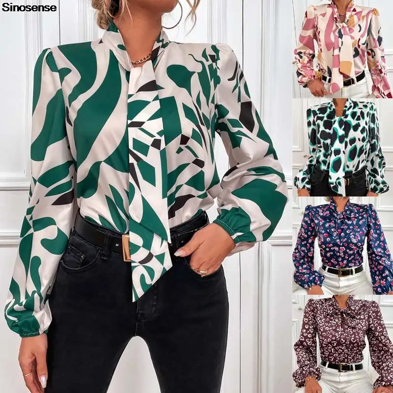 

Womens Bow Tie Neck Long Sleeve Casual Office Work Blouses Shirts Tops Vintage Printed Spring Autumn Workwear Blouse Tops
