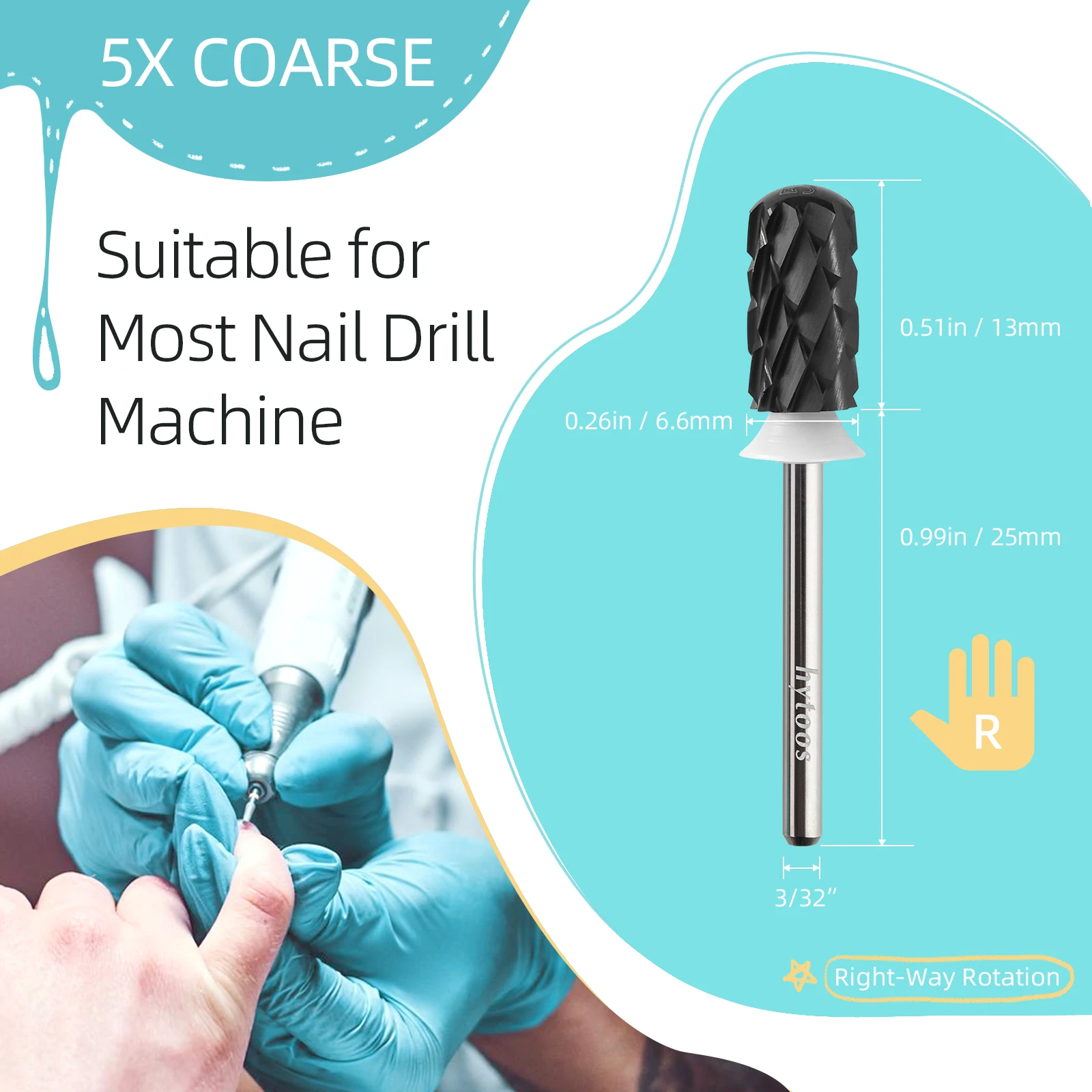 HYTOOS DLC черные безопасные твердосплавные сверла для ногтей 5XC с гладким верхом и