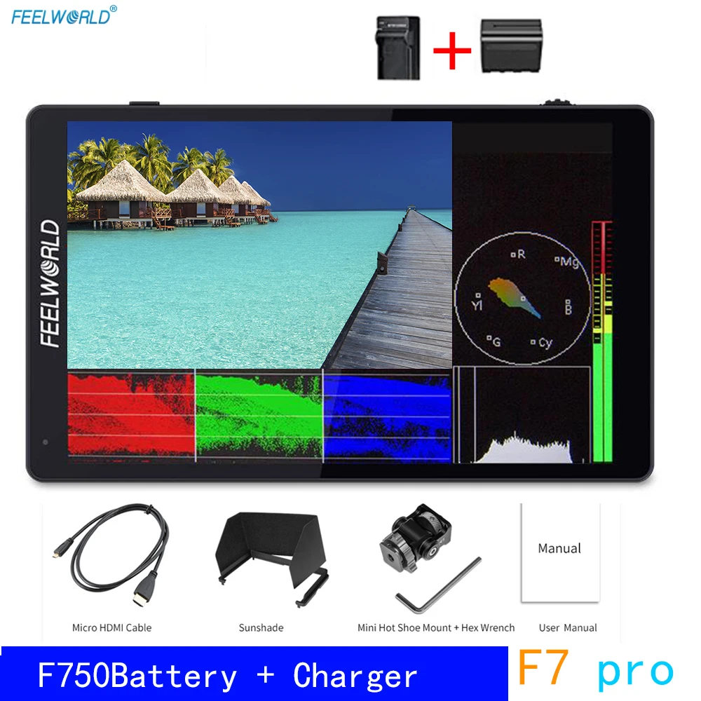 

7-дюймовый накамерный монитор FEELWORLD F7 4K с входом/выходом HDMI IPS Full HD 1920x1200