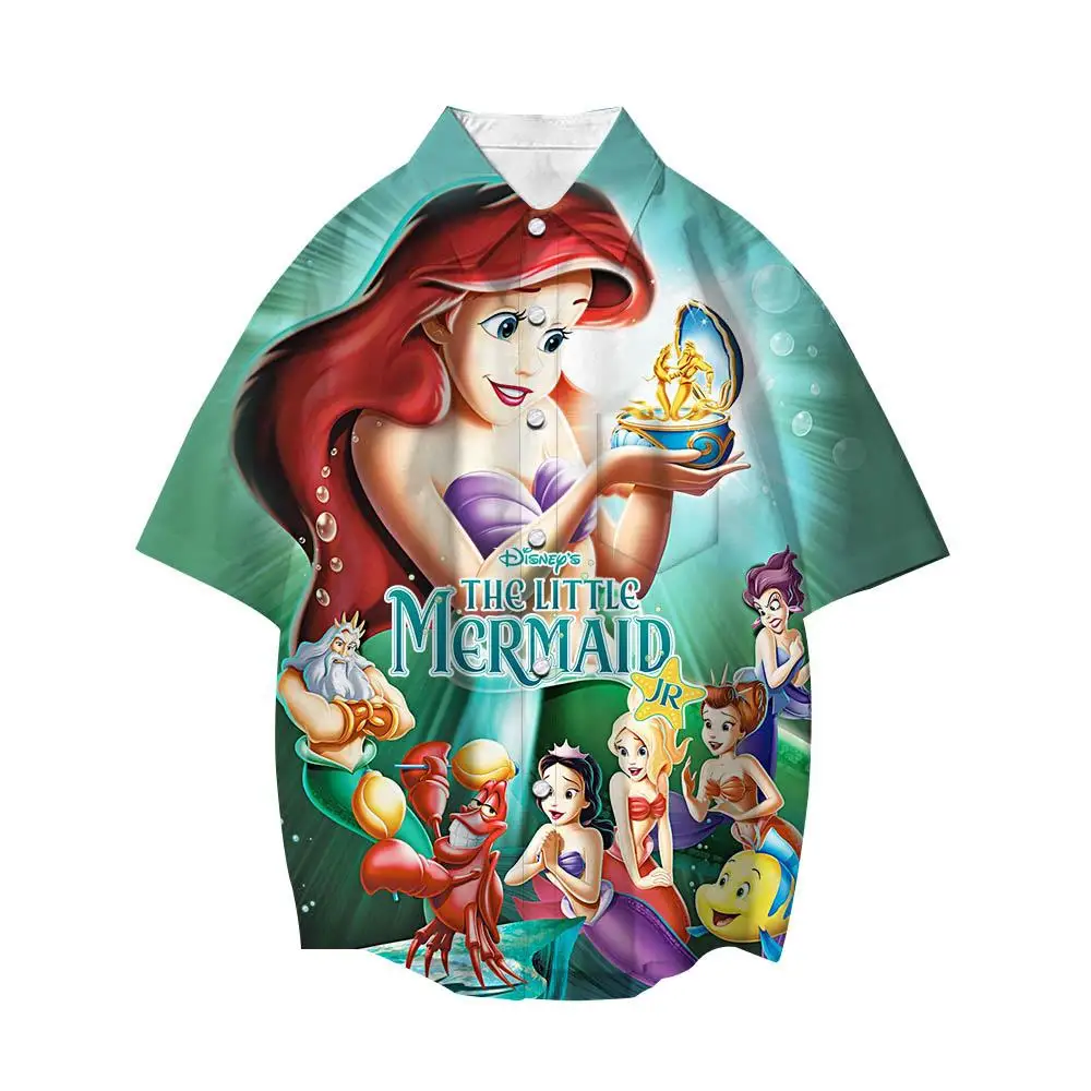 

Disney The Little Mermaid Boys Girls 3D Shirts Cartoon Lapel Short Sleeve Casual Button Loose Shirt Men Women Street Tops