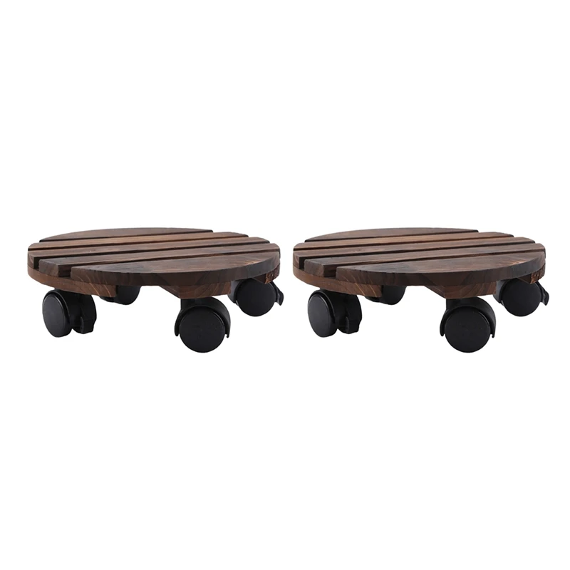 

2X Movable Plant Stand Caddy Round Flower Pot Wooden Trolley Mover With Wheels-30Cm