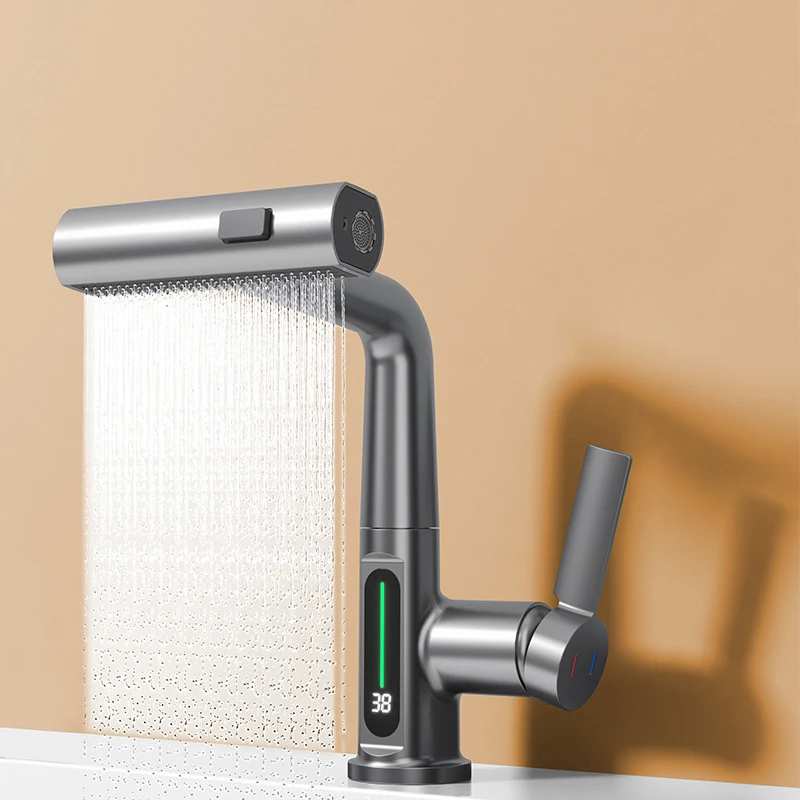 Смеситель для раковины с цифровым дисплеем выдвижной подъемный смеситель ванной