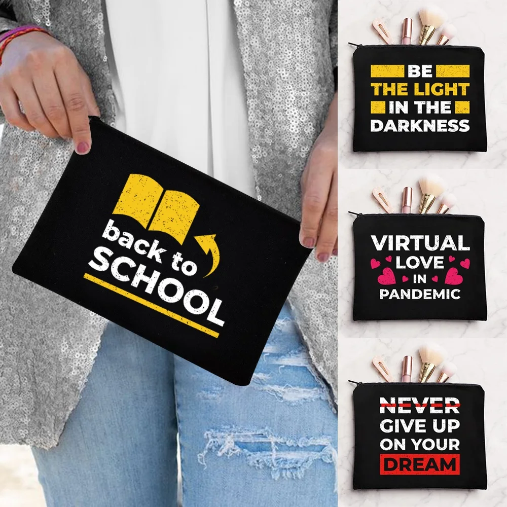 

Women Cosmetic Bag Lipstick Organizer Bag Wallet Travel Toiletries Washbag Pencil Bag Wedding Makeup Bag Phrase Print