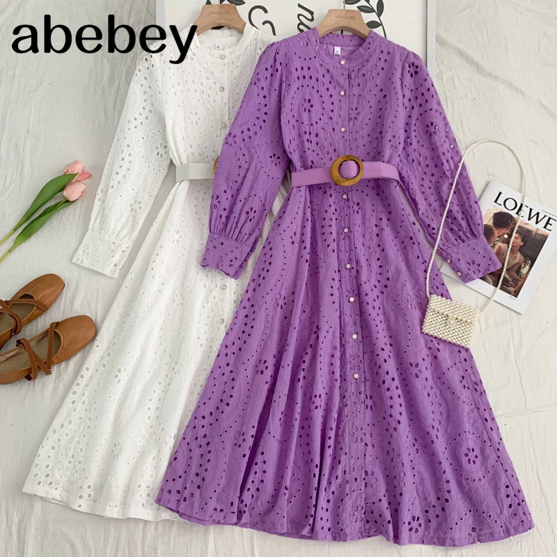 

Женское длинное платье с поясом, элегантное ажурное платье с воротником-стойкой, длинным рукавом и цветочным рисунком, новинка весны-осени ...