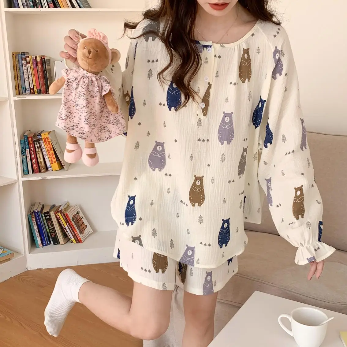 Soft Cartoon Print Spring Long Sleeve Home Sweet Kawaii Pajamas Set Women Elegant Casual Loli Simple Two Piece Set Fashionable