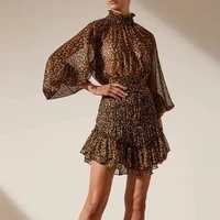 european style fashion temperament elegant collar lantern sleeve leopard print waist slim short dress 2022 spring new style