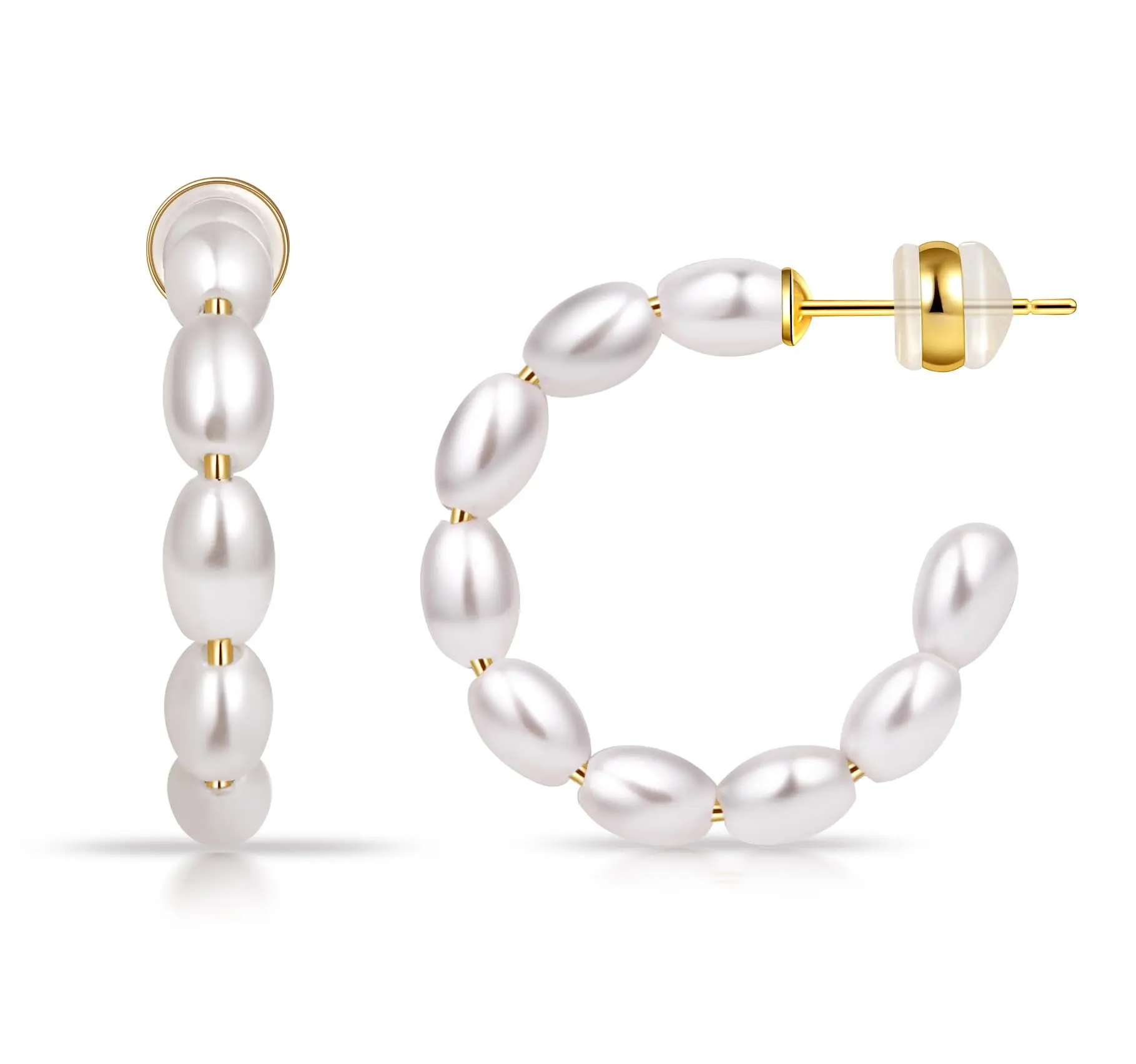 

Vonmoos 4mm Thick Oval Pearl Hoop Earrings for Women 925 Sterling Silver Needle Earring Jewelry Lady Vintage Earrings For Gift