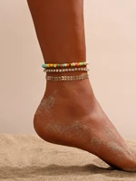 s2885 fashion jewelry vintage colorful beaded chain metal anklet set for woman rhinestone beads beach anklet 3pcsset