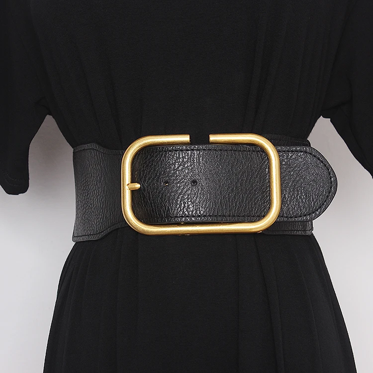 Leather Wide Belt For Women Gold Square Buckle Pin Buckle Jeans Black Elasticity PU Belt Ladies Vintage Strap Female Waistband