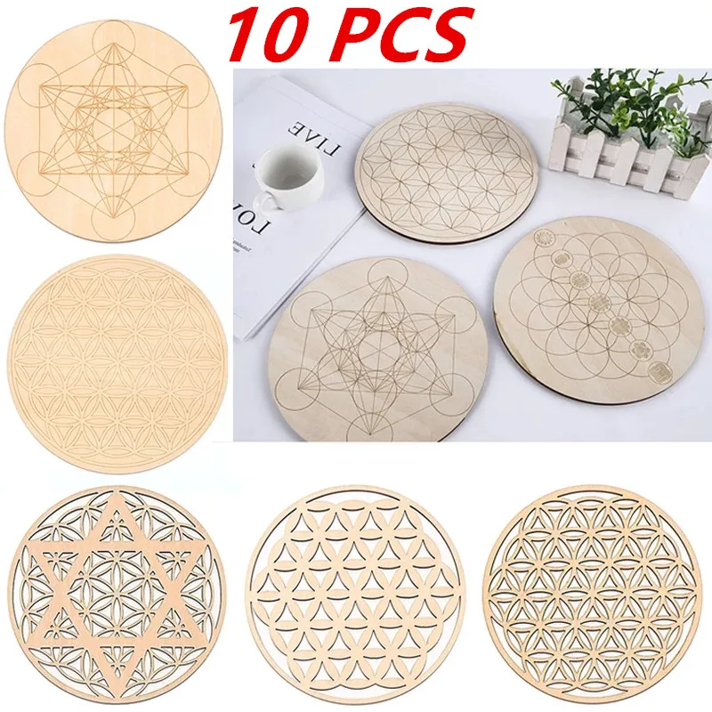 

10PCS Chakra Flower of Life Natural Symbol Wood Round Edge Circles Carved Coaster Stone Crystal Set DIY Decor Mats Pads Geometry