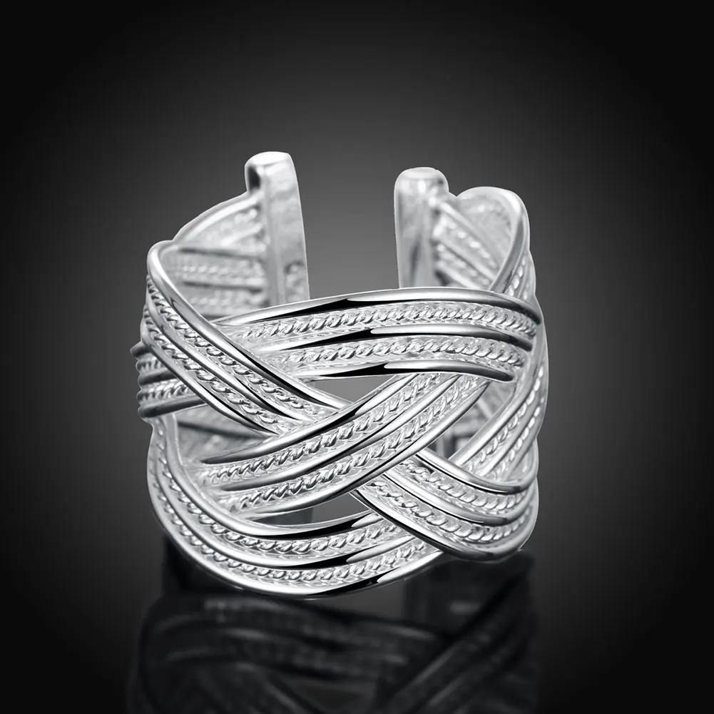New 925 Sterling Silver Ring Fashion Woven Mesh Open  Ring Women Men Gift Silver Jewelry Finger Rings LL@17