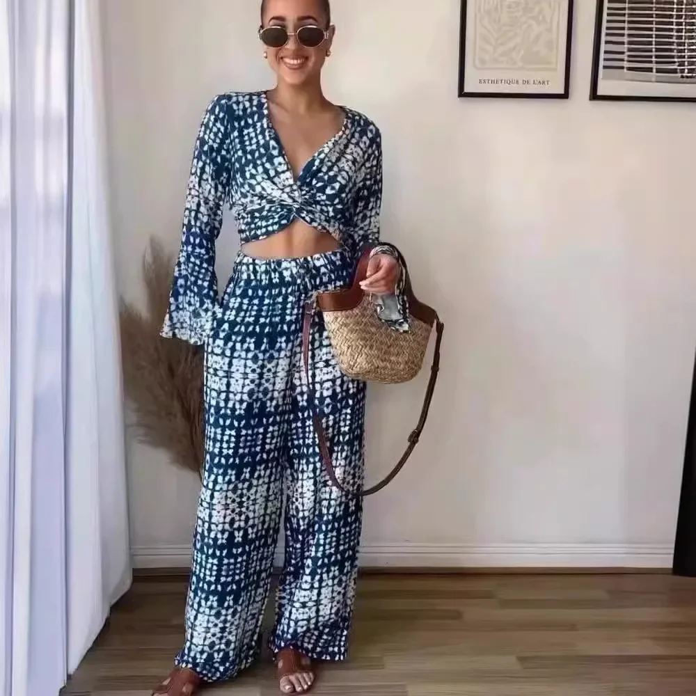 Новинка лета 2024 комплект женской одежды рубашка с принтом топ широкими штанинами