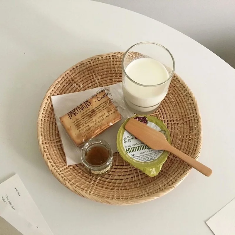 

Hand-woven Rattan Plates Dinnerware Nature Round Bread Service Tray For Food Storage Organizer Home Decoration Kitchen Tableware