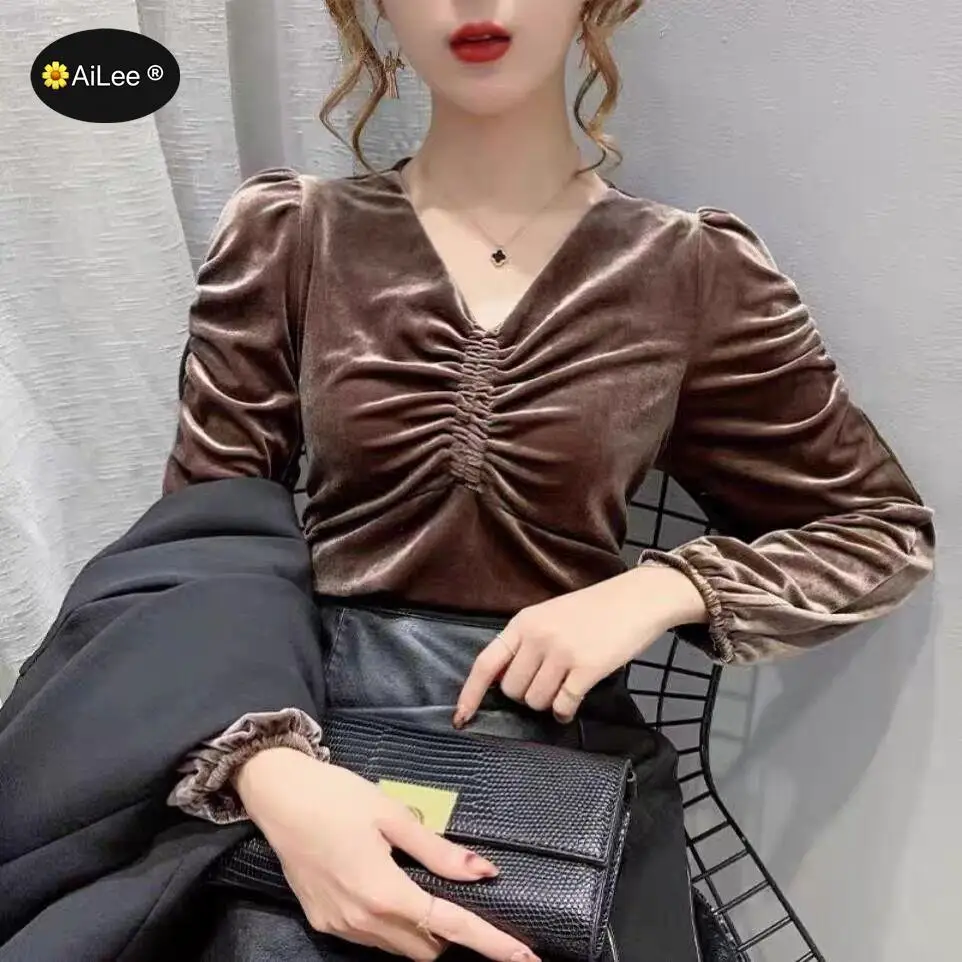 Женская плиссированная блузка на флисе с длинным рукавом и рюшами