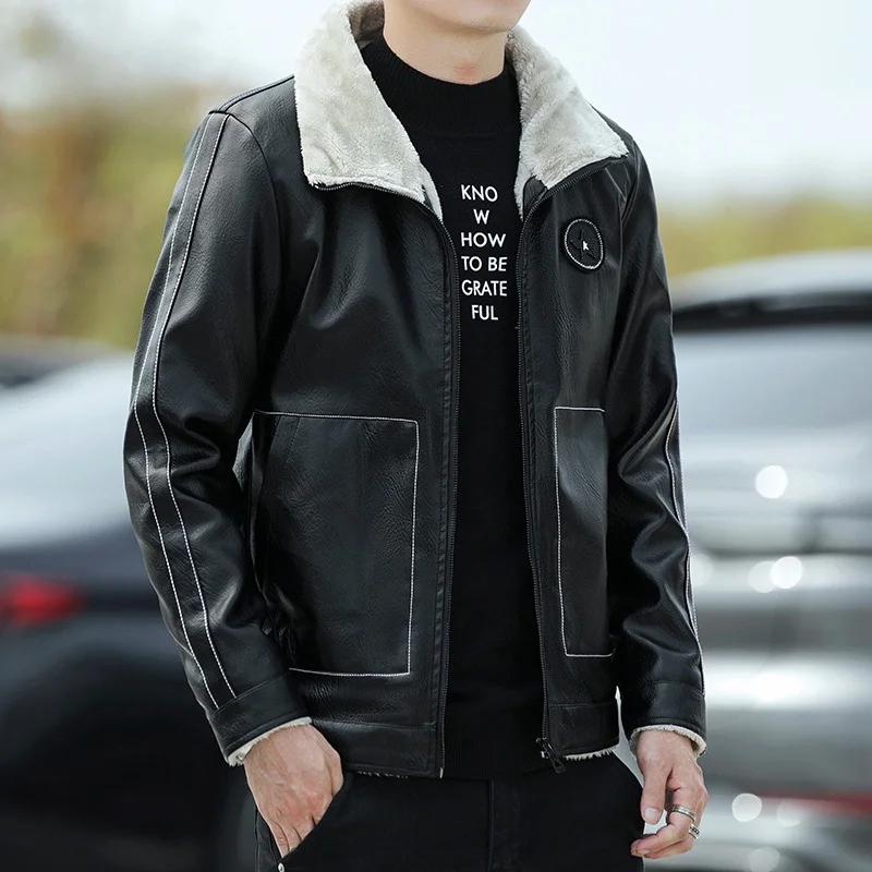 Кожаное пальто Дятел мужское кожаное с меховым воротником модная повседневная