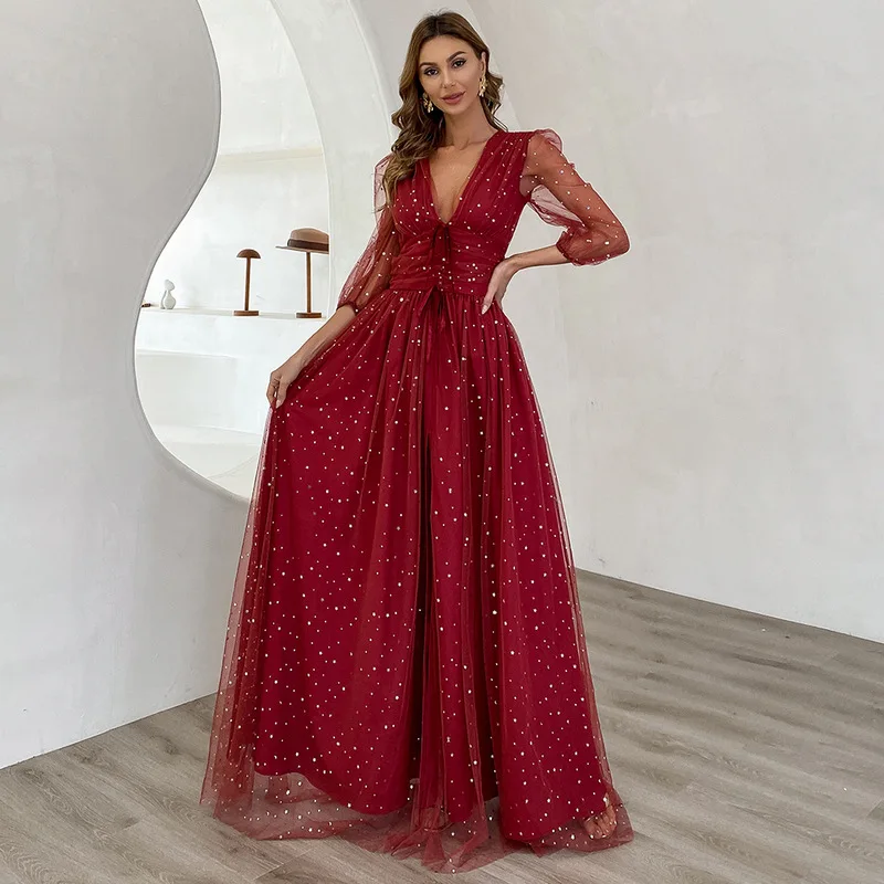 Red Tulle Long Party Dress V-Neck Pleat Split Puffy Sleeves Formal Gown Half Sleeves Women Dress 2022 Fashion Dresses