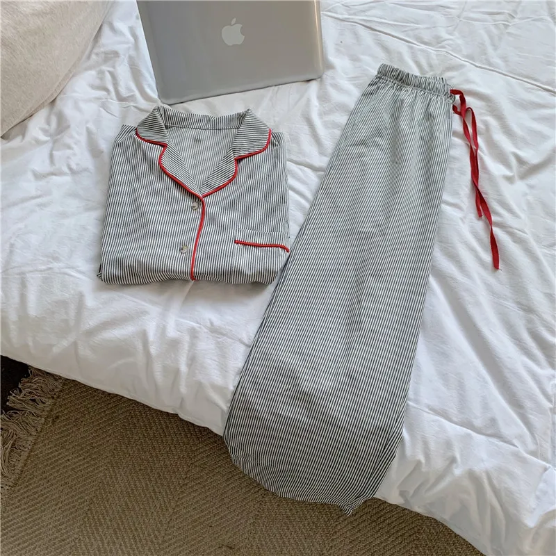 New Korean Fashion Simple Pajamas Cotton Linen Stripes Edging Sleepwear Casual Comfortable Two-piece Loungewear Women Pajama Set