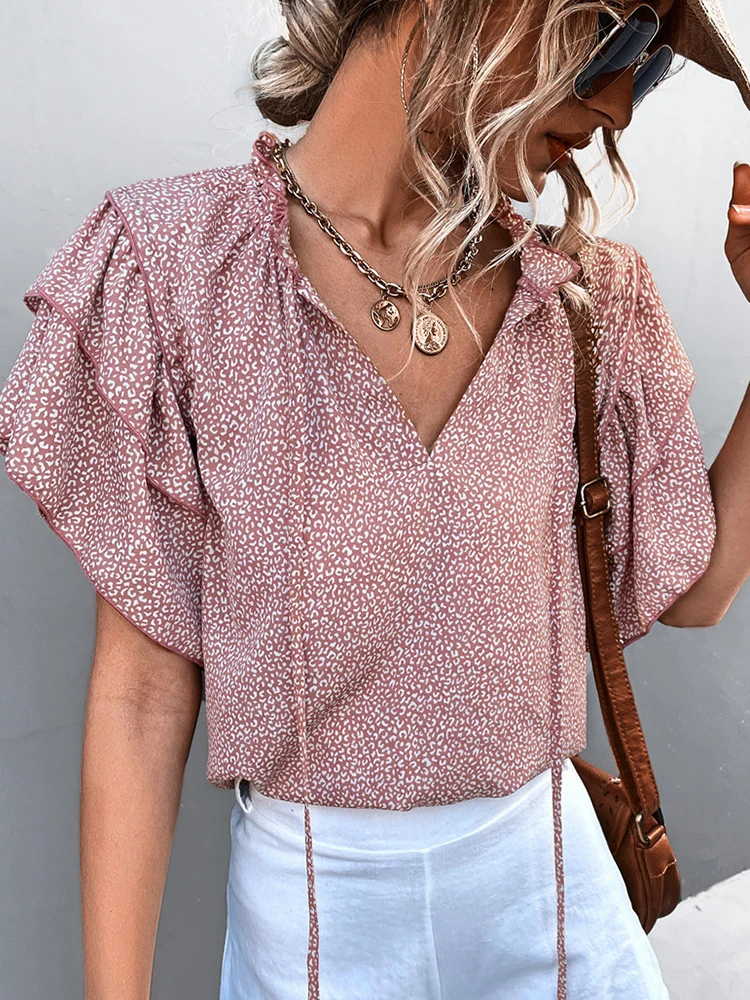 Elegant Blouses Women Chic Printed Ruffles Sleeve V-neck Lace Up Top Ladies Holiday Korean Style Casual Sweet New Blusas Mujer