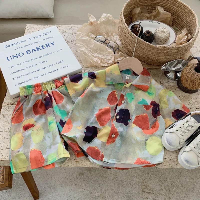 

Летний костюм для мальчиков, Детская рубашка с цветами, комплект из двух предметов, детская одежда с коротким рукавом для детей, одежда для маленьких девочек