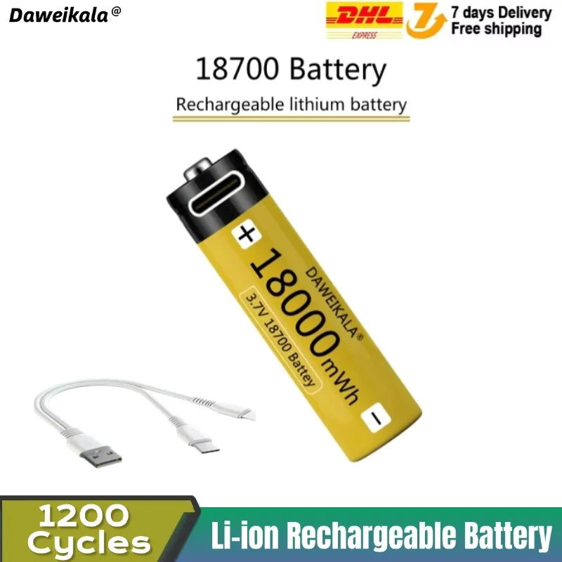 Фото Daweikala 18650 Батарея USB Type-C 18700 3,7 В 18000 МВтч USB Литий-ионная аккумуляторная батарея для фонарика Электрический мобильный телефон Игрушка №1